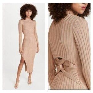 Anthropologie Feminine Ribbed Long Slit Maxi Dress Neutral Cut Out Party